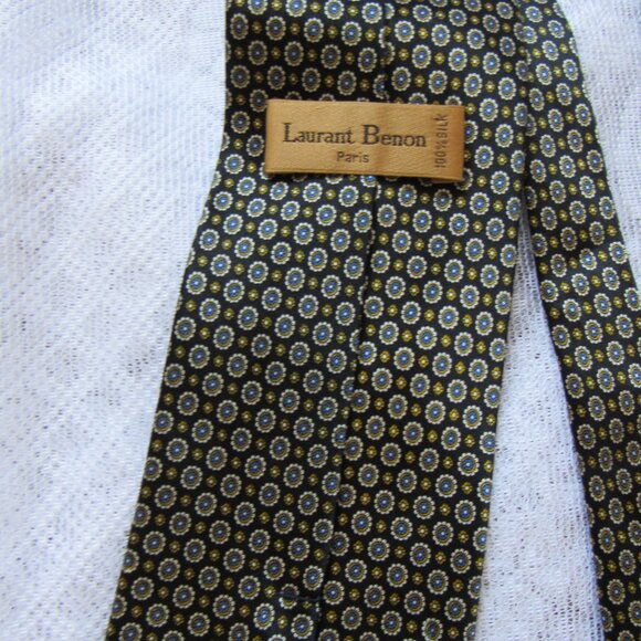 Laurant Benon Paris Men's Black 100% Silk Micro Print Tie Classic - Picture 4 of 5